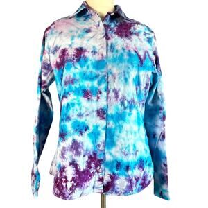 Womens Shirt Size Medium Purple Blue Tie Dye Button Festival Boho Professional